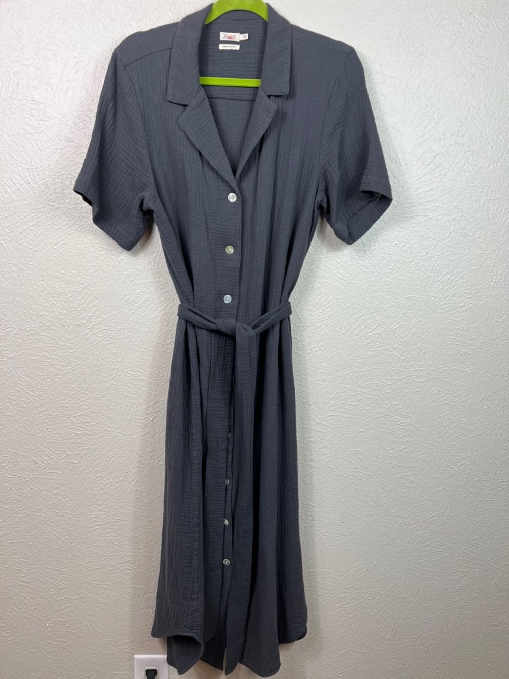 Faherty Gray Gauze Short Sleeve Button Front Midi Maxi Shirt Dress  Medium